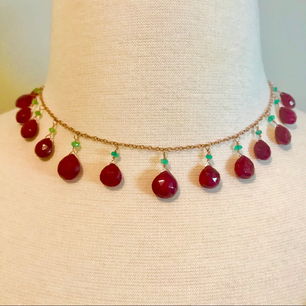 Lady Daisy ruby & Zambian emerald drop necklace